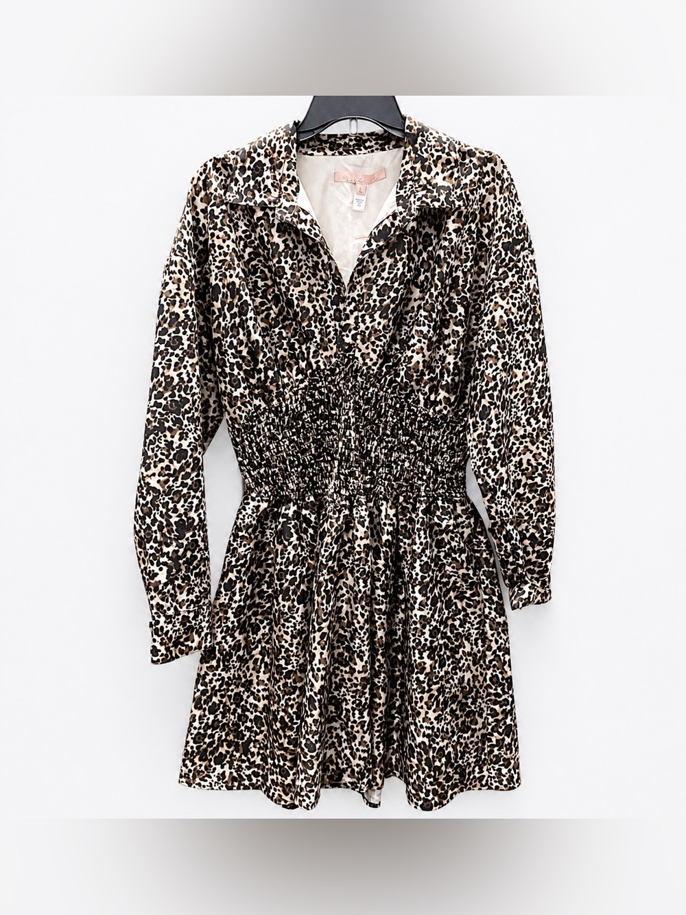 HUTCH Anthropologie Leopard Print Smocked Waist Long Sleeve Mini Dress Sz L - Picture 3 of 8